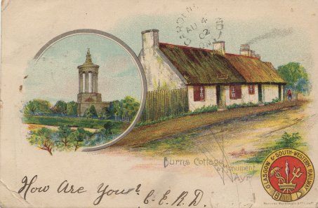 Postcard from Ayr showing Burns Cottage and Monument