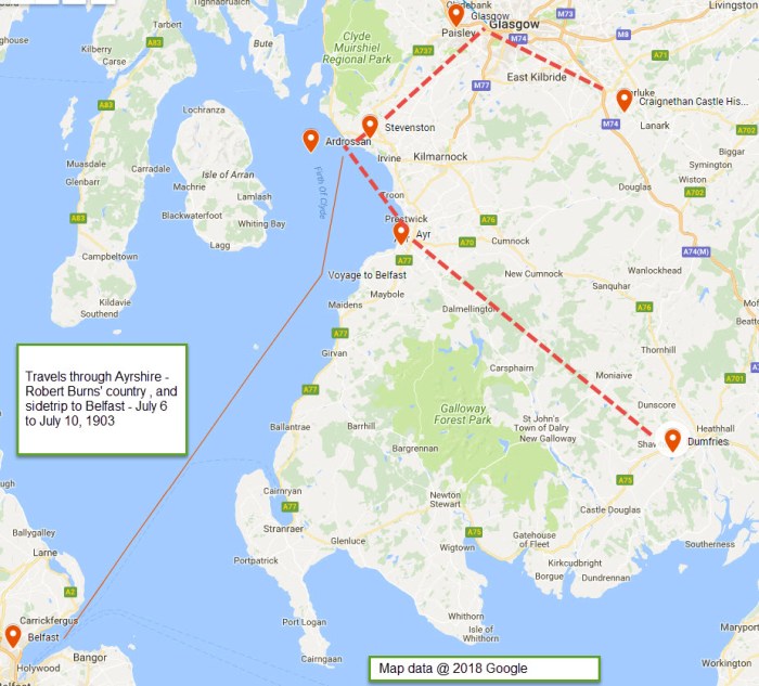 Google Map - Fleming travels through Ayrshire July 6 to July 10, 1903