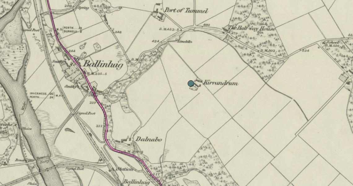 Ballinluig area showing Kirrandrum and Dalnabo. Source: Canmore - Ordnance Survey 1843-1882.