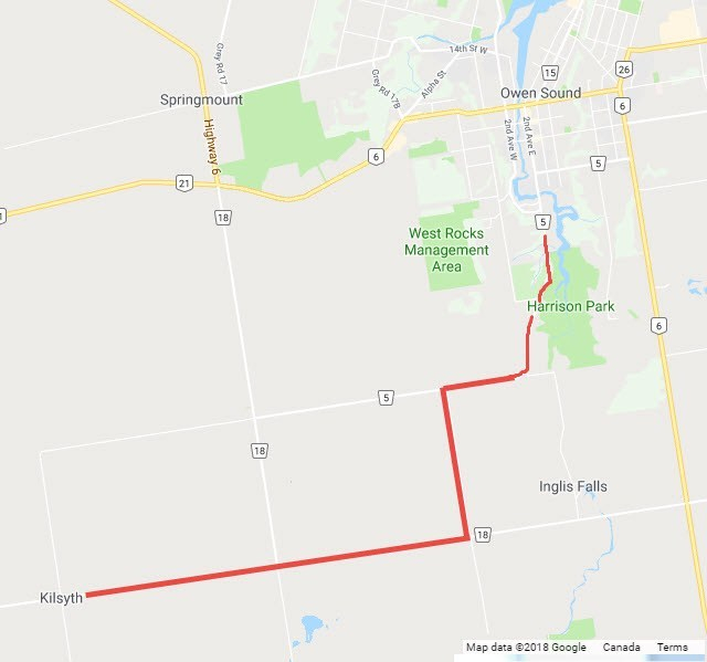 Route from Kilsyth to Owen Sound crossing the Sydenham River on 2nd Ave E. (C 1855)