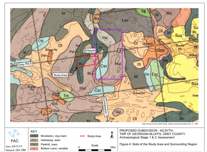Soils of Kilsyth ON and Area prepared for Proposed Subdivision at Kilsyth 2017 modified to show approximate where Alexander Fleming and three sons settled.