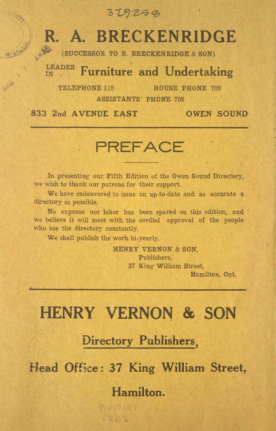 Page from Vernon's Directory for Owen Sound 1917