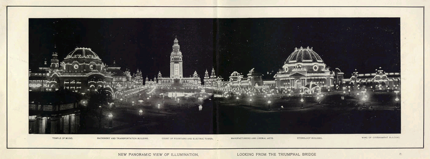 Photograph of the Pan Am Exposition of 1901 in Buffalo illuminated at night with latest technology for electrical wiring.