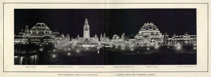 Photograph of the Pan Am Exposition of 1901 in Buffalo illuminated at night with latest technology for electrical wiring.