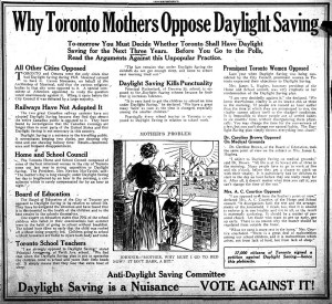 Why Toronto Mothers Oppose Daylight Savings - 1923 - vintage ad
