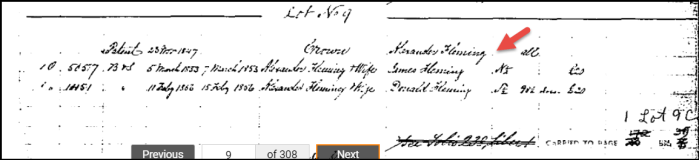 Extract from the Abstract Index to Deeds for Derby Township, Grey County, Concession 6, Lot 9 for Alexander Fleming