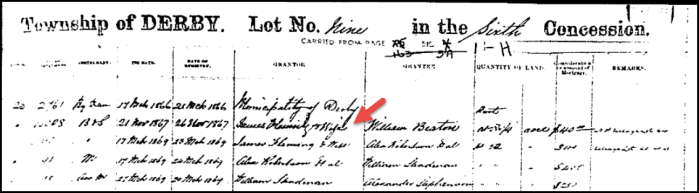 Excerpt from Abstract Index to Deeds, Derby Township, Grey County, for Concession 6, Lot 9 showing two sales by James Fleming.