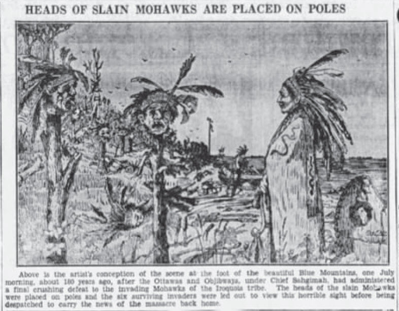 Illustration by Roy Fleming of the scene at Blue Mountains of after the battle. c 1696